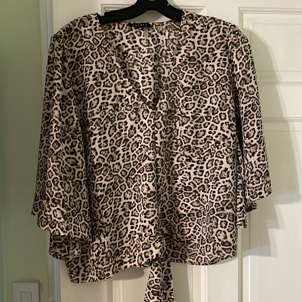 1.State, size XL, 3/4 length bell sleeve, leopard print blouse.